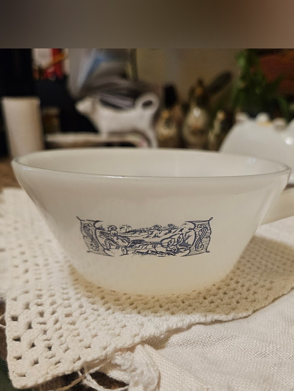 Vintage Royal China Currier & Ives Milk Glass Soup Bowl